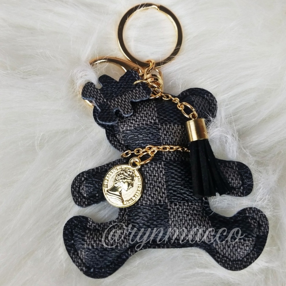 Black Gray Leather Teddy Bear Tassel Keyring - Picture 7 of 8